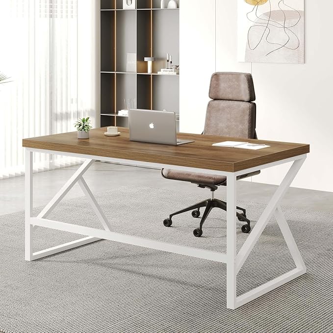 HSH Farmhouse Desk Computer Table, Modern Home Office Desk, Student Desk for Bedroom, Rustic Wood and Metal PC Laptop Desk, Simple Writing Study Gaming Desk Executive Workstation, 55 Inch