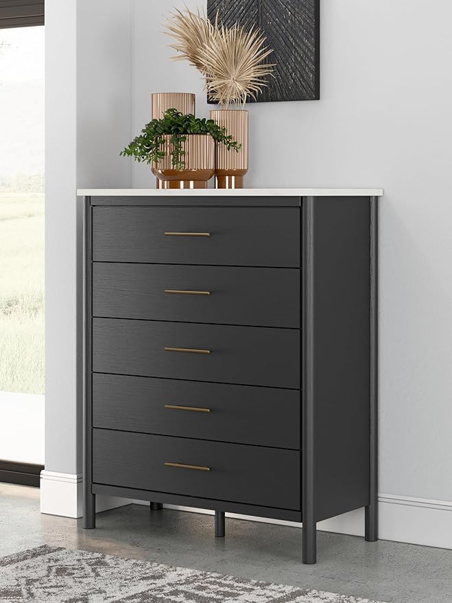 Signature Design by Ashley Cadmori Bohemian 5-Drawer Chest of Drawers with Safety Stop and Post Legs, Black & White
