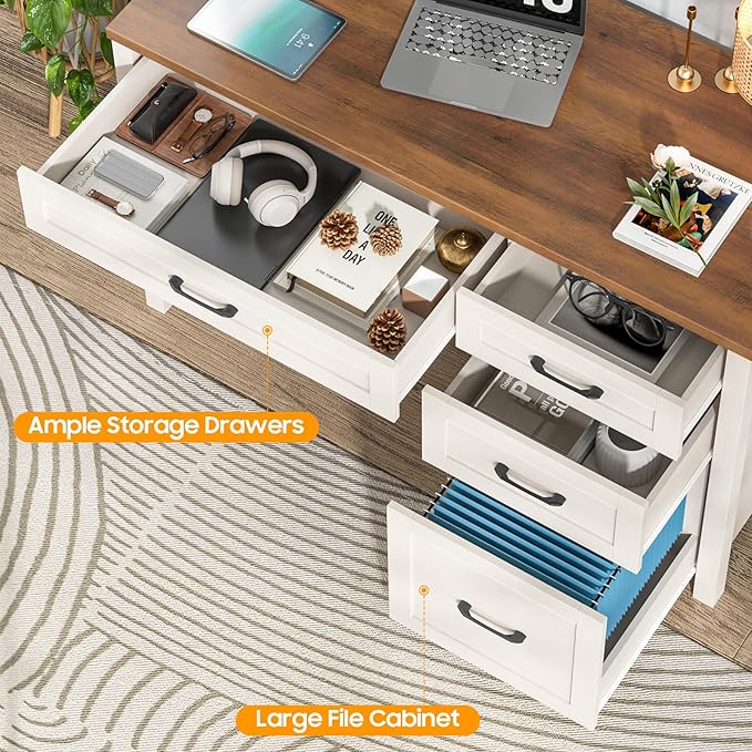Vabches Farmhouse 47" Executive Desk with 4 Drawers, Computer Desk with File Drawer and Charging Station, Workstation for Home Office, Study.（Unique White）