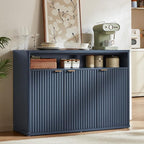 LEYAOYAO Fluted Buffet Cabinet with Storage, 45" Wide Wood Sideboard Credenza with 3 Doors & Open Storage Shelf, Modern Kitchen Console Accent Cabinets, Coffee Bar Table for Dining Room, Dark Blue