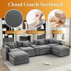 HYJT-H&K 145" U Shaped Cloud Couch Modular Gray Sectional Couches for Living Room, Comfy Fluffy Chenille Oversized Cloud Sectional Couch Large 6 Seat Sectionals Sofa Set Central Console USB Port