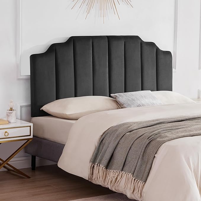 King Upholstered Headboard, Velvet Head Board, Tufted King Headboard only, Elegantly Curved Headboards only, Modern Vertical Channel Design Bed Head Board, Dark Gray