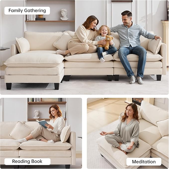 108" Modern L-Shaped Sectional Sofa with USB & Type-c Port Charger, Modular Cloud Couch, Deep Seating Chenille Fabric 4-Seater with Ottoman and Pillows for Living Room (Beige)