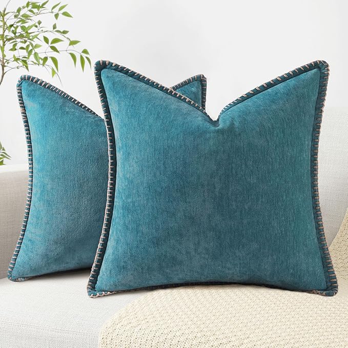 decorUhome Chenille Soft Throw Pillow Covers 18x18 Set of 2, Farmhouse Velvet Neutral Decorative Euro Pillow Covers with Stitched Edge for Couch Sofa Bed Home Decor, Teal