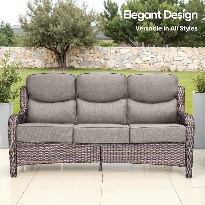 Swivel Patio Chairs sofa Set of 6 with 6" Thick Cushion - Wicker Outdoor Swivel Rocker Patio Chair ,Sofa/Glass coffee table, High Back Comfortable Outdoor Glider Chairs - Brown Wicker | Gery Cushions