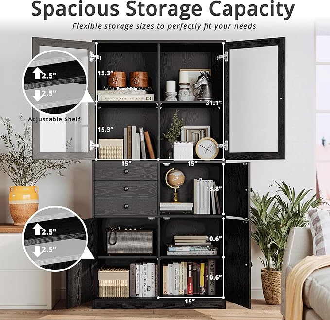 IRONCK Bookcase with Doors, Bookcases and Bookshelves with Drawers, 5 Tier Book Shelf with Acrylic Doors, Display Shelf for Living Room, Home Office, Study, Black