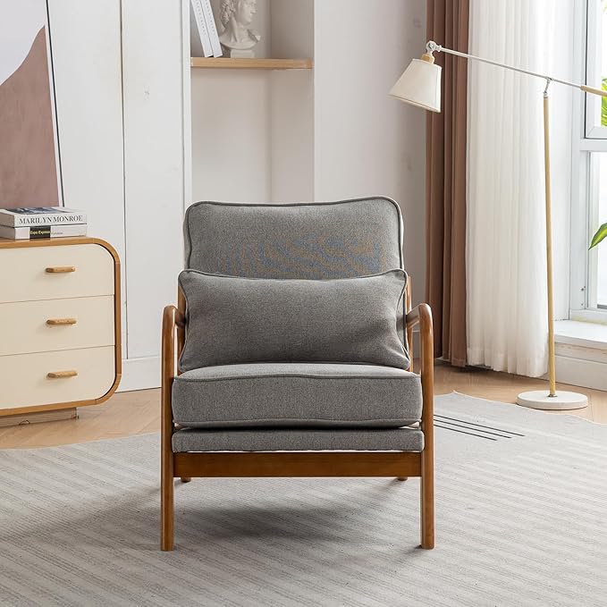 Mid-Century Accent Chair,Linen Fabric Lounge Chair with Wide Armrest,Linen Fabric Armchair withLumbar Pillow & Solid Wood Frame for Living Room, Bedroom, Balcony(Light Gray)