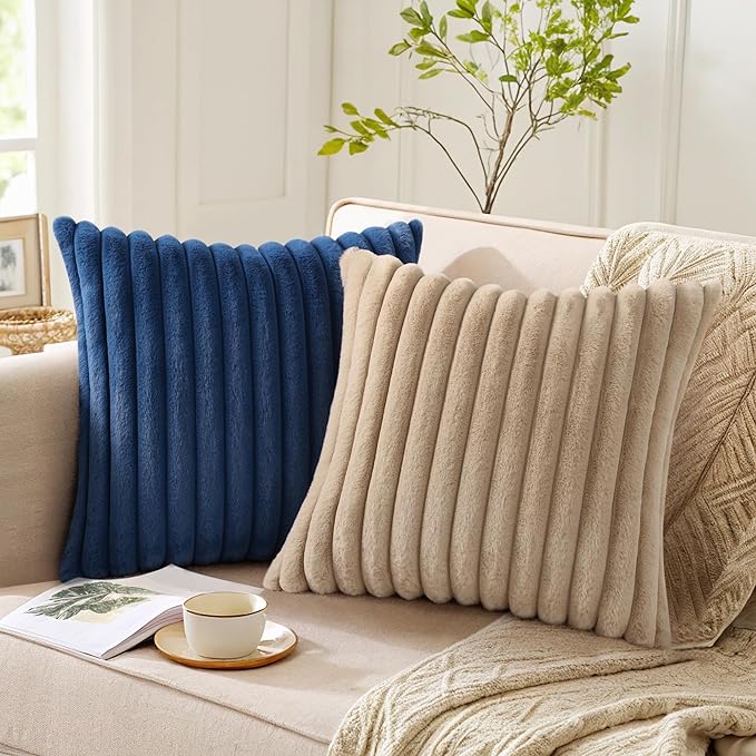 Pallene Faux Fur Plush Lumbar Throw Pillow Covers 12x20 Set of 2, Luxury Soft Fluffy Striped Decorative Pillow Covers for Sofa, Couch, Living Room, Navy Blue