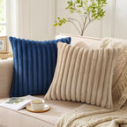 Pallene Faux Fur Plush Throw Pillow Covers 20x20 Set of 2, Luxury Soft Fluffy Striped Decorative Pillow Covers for Sofa, Couch, Living Room, Khaki