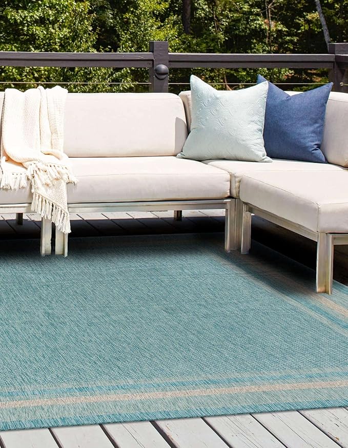 Unique Loom Outdoor Border Collection Area Rug - Soft Border (10' 8" Square, Aquamarine/ Ivory)
