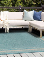 Unique Loom Outdoor Border Collection Area Rug - Soft Border (10' 8" Square, Aquamarine/ Ivory)