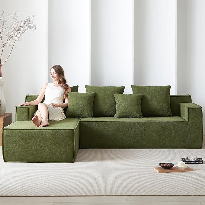 Modular Sectional Sofa, Boneless Cloud Sectional Couch with L-Shaped Lounge Chair, Soft Compressed Couch Memory Foam Sofa for Living Room, No Assembly Required (Green, Velvet)
