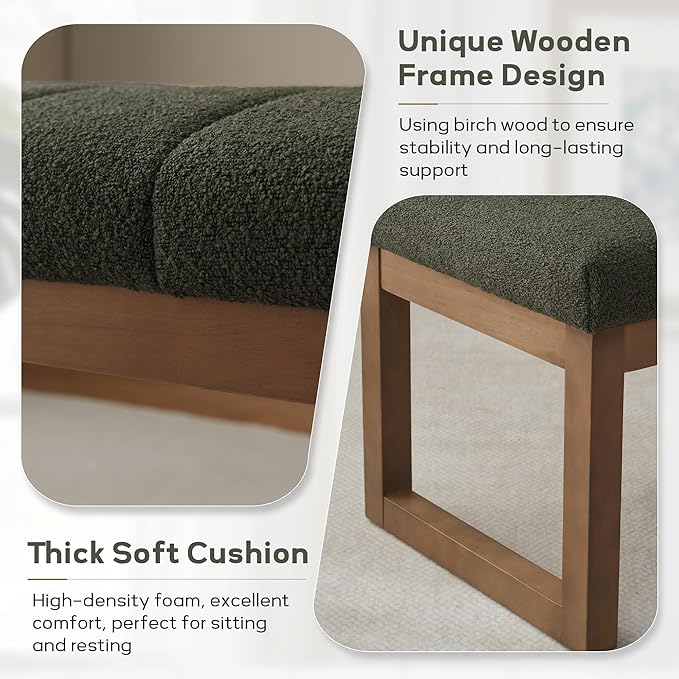 52.7" Bedroom Bench for End of Bed, Modern Upholstered Teddy Fabric Entryway Bench & Dining Bench, Footrest Stool Bench with Solid Wood Frame for Bedroom, Living Room (Green)