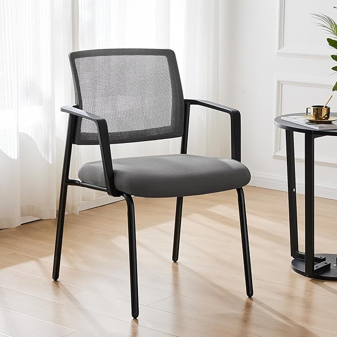 DUMOS Grey Stackable Arm Chairs with Mesh Back and Upholstered Fabric, Sturdy Metal Frame, Easy to Store and Use, Perfect for Indoor and Outdoor Spaces, 1 Chair