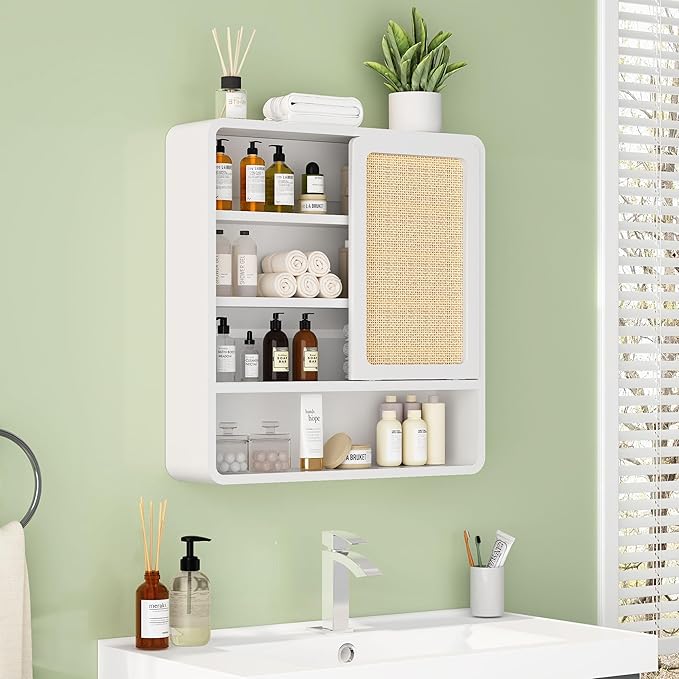 Wall Bathroom Cabinet with Flax Sliding Door, Wood Medicine Cabinet with Adjustable Shelf, Hanging Cabinet for Bathroom, Livingroom (White-1)