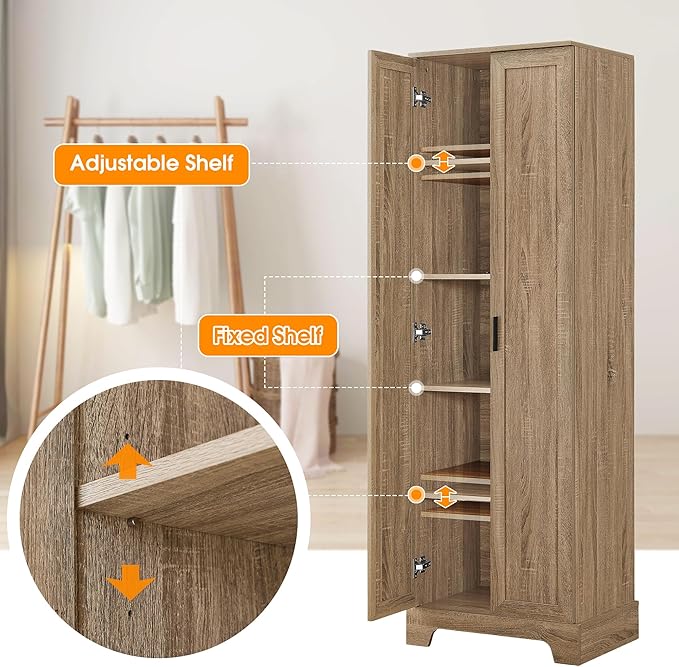 Tall Storage Cabinet, Bathroom Floor Freestanding Storage Cabinet with 2 Doors, 5 Shelves, and Adjustable Shelves for Bathroom, Office, Living Room, Brown