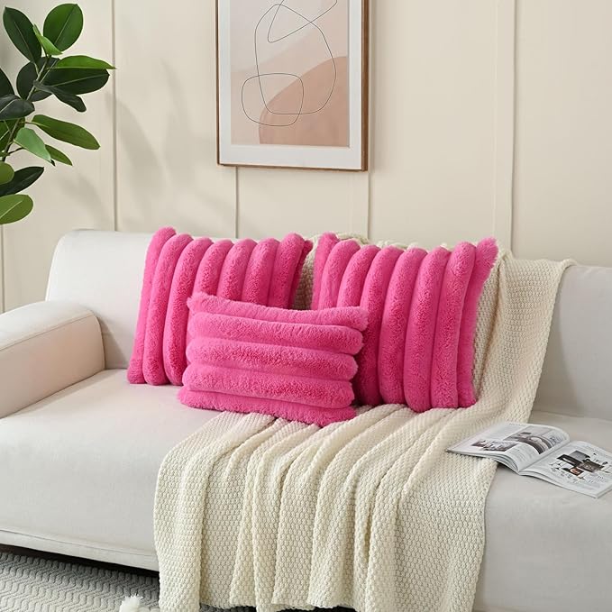FUTEI Hot Pink Decorative Throw Pillow Covers 18x18 Inch Set of 2, Square Soft Faux Rabbit Fur Thick Striped Cushion Cover,Winter Home Decor for Couch Bed Living Room