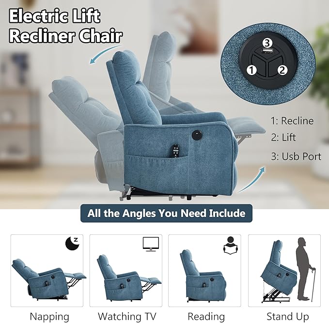 PELUMY Manual Lift Recliner Chair with Massage and Heat for Elderly, Single Motor Electric Lift Chair, Heavy Duty Recliner with USB Charging & Side Pockets (Chenille, Blue)