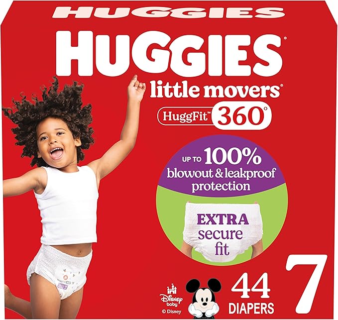 Huggies Size 7 Baby Diapers, Little Movers HuggFit 360° Baby Diapers with 360° Waistband, Size 7 (41+ lbs), 44 Count, Packaging May Vary
