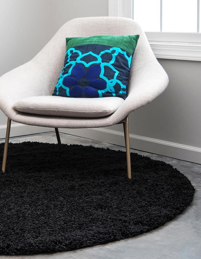 Unique Loom Solid Shag Collection Area Rug (7' 1" Round, Jet Black)