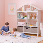 Martha Stewart Kids Deluxe Dollhouse Bookcase - Linen White Bookshelf: Wooden Book & Toy Storage Shelf Organizer | Toddler Book Organization | Kids' Tall Bookshelf for Playroom and Bedroom Storage