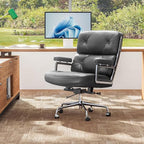 Genuine Leather Office Chair, Mid Back Executive Desk Chairs with Aluminum Arms and Wheels, Swivel Office Leather Chair with Thickened Backrest and Ergonomic Lumbar Support, Black