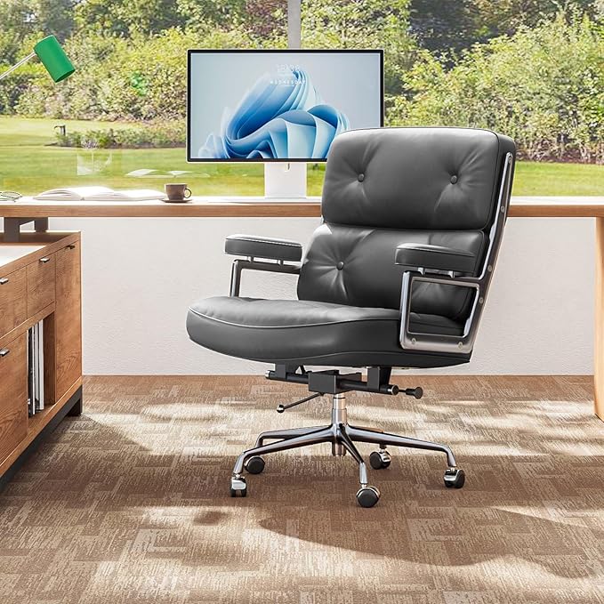 Genuine Leather Office Chair, Mid Back Executive Desk Chairs with Aluminum Arms and Wheels, Swivel Office Leather Chair with Thickened Backrest and Ergonomic Lumbar Support, Black