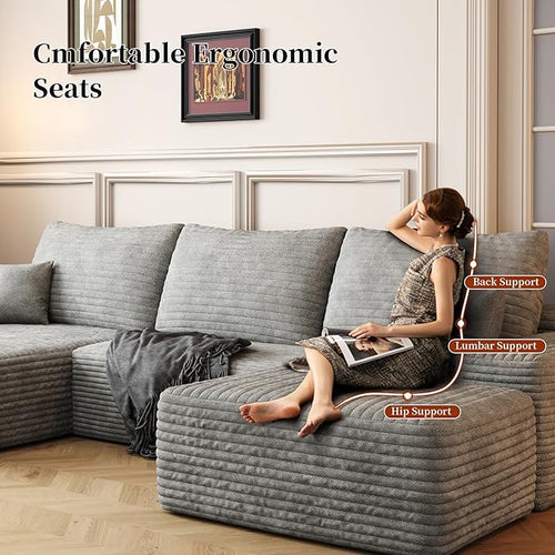 107.5" Cloud Modular Sectional with Ottoman, U-Shaped Sofa for Living Room, Modern Minimalist Couches, Deep Seat Comfy Couch & Reversible Chaise, No Assembly Required (Black, Right Facing Chaise)