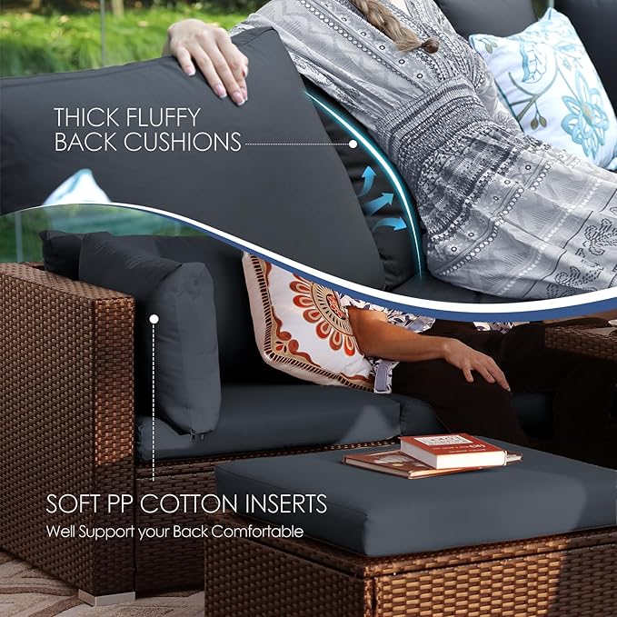 NICESOUL 6 Piece L Shape Outdoor Couch Set with Fire Pit Natural Gas/Propane, 29.3'' High Back Deep Wide Seated Patio Conversation for Deck, Wicker Patio Furniture Set, Brown Rattan and Grey Cushion