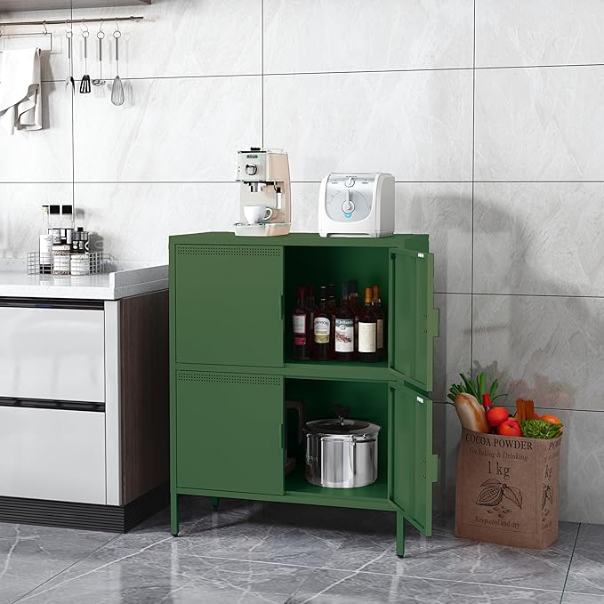 Green Metal Locker Cabinet with 4 Doors, Metal Accent Cabinets Home Office Storage Lockers Sideboard for Kitchen Living Room Hallway Entryway