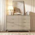 CARPETNAL Fluted 8 Drawer Dresser for Bedroom, 55" Wide Wooden Chest of Drawers with Rounded Corners, Gold Handles, Modern Storage Organizer for Bedroom, Hallway(Beige)