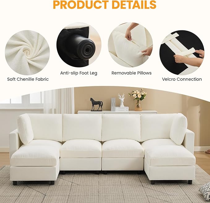 4-Seater Modular Sectional Cloud Sofa with 2 Ottomans, U-Shaped Couch for Living Room, Modern Deep Seat Sofa with Soft Back Cushions, Chenille Beige