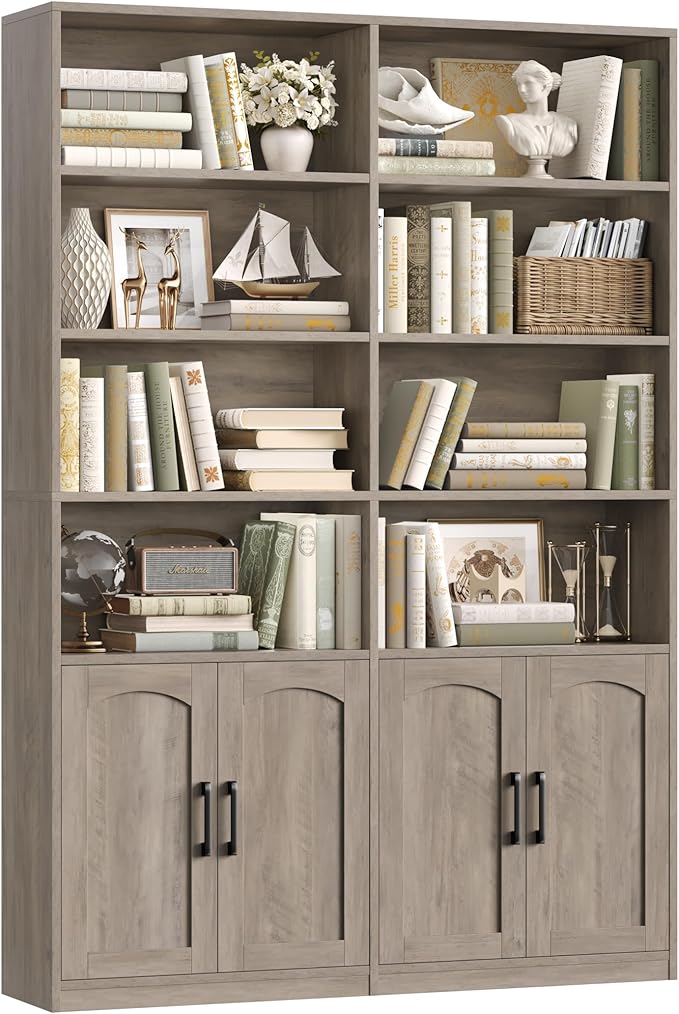 FACBOTALL Bookshelf and Bookcase with Doors, 6 Tier Double Wide Large Bookshelves, Open Display Shelves, 73'' Tall Bookshelf with Storage Cabinets for Home Office, Living Room, Library, Wash Gray