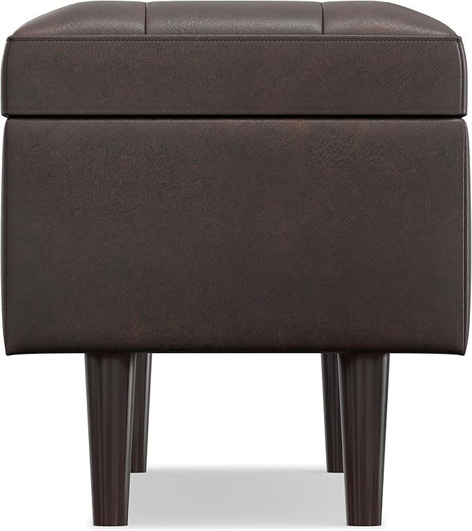 SIMPLIHOME Shay 48 inch Wide Mid Century Modern Rectangular Storage Ottoman in Distressed Chestnut Brown Vegan Faux Leather, Assembled, For the Living Room, Entryway and Family Room