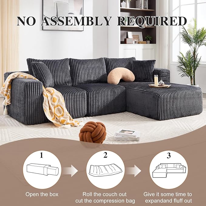 102" Modular Sectional Sofa, L-Shape Cloud Sectional Couch with Deep Seat, 3 Seat Memory Foam Comfy Boneless Couches for Living Room Bedroom, No Assembly Required, Grey