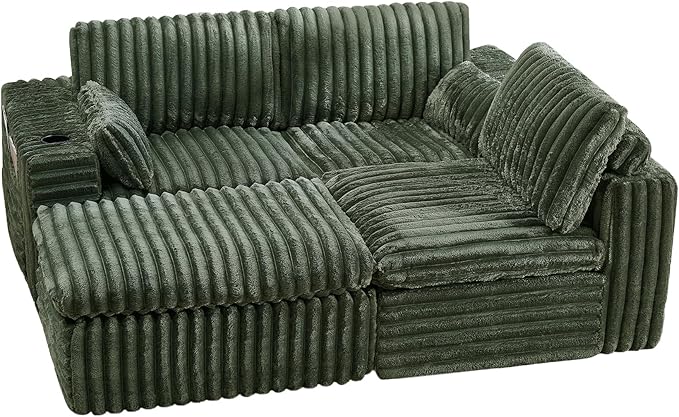 114" Cloud Boneless Sectional Couches for Living Room, Modular Sectional Sofa with Cup Holder, Cozy Fluffy L Shaped Deep Seat Boneless Couch with Storage Pocket, No Assembly Required, Green