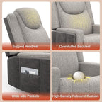 Oversize Manual Recliner Chair for Adults, Extra Wide Single Reclining Sofa Chair with Ergonomic, FSC Certified, Grey Linen-Blend & Chocolate Leather Scandinavian Chic for Living Room, RV