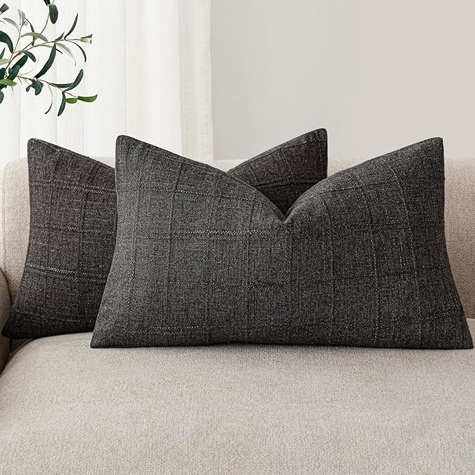 Foindtower Set of 2 Decorative Linen Check Throw Pillow Covers Neutral Farmhouse Lumbar Cushion Covers Modern Boho Home Decor for Sofa Chair Couch Bedroom Living Room,12×20 Inch,Charcoal