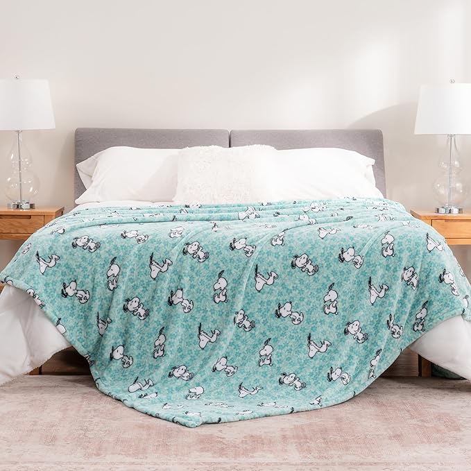 Berkshire Blanket Peanuts® VelvetLoft® Cute Character Snoopy Plush Blanket,Snoopy Springtime Floral Dance Large Blue,Full/Queen 90 in x 90 in (Official Peanuts® Product)