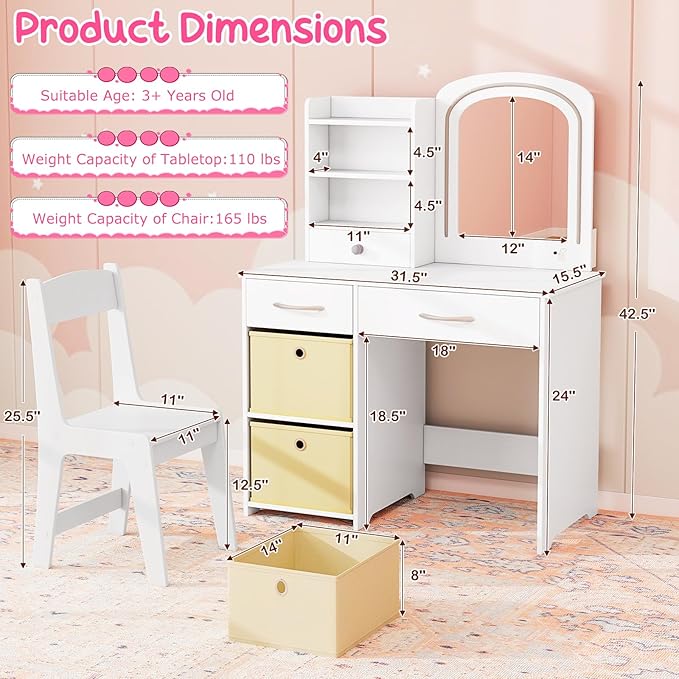 Costzon Kids Vanity with Lights, Princess Makeup Dressing Desk with Mirror and Stool, Storage Drawers, Shelves, Vanity Table and Chair Set for Little Girls (White)
