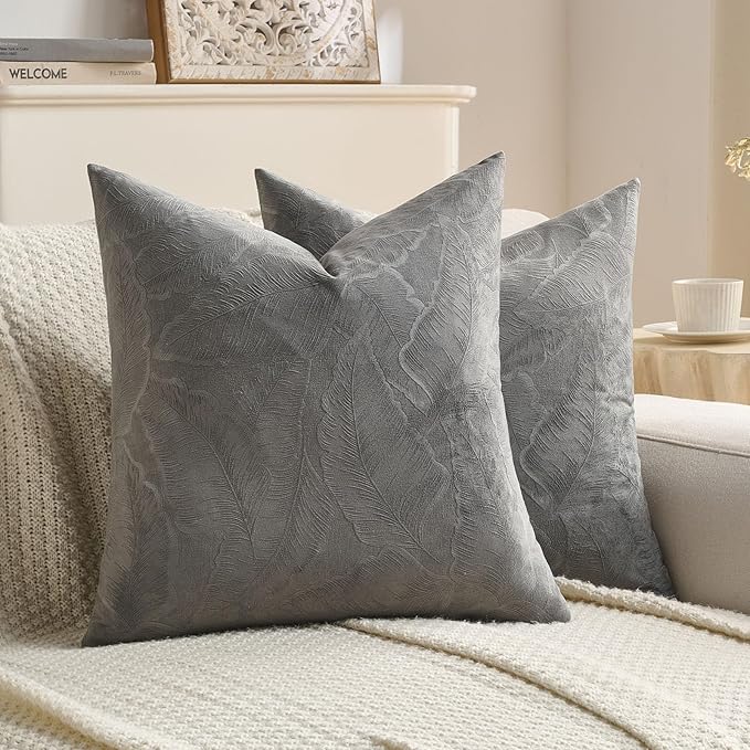 FUTEI Dark Grey Velvet Throw Pillow Covers 24x24 Inch Set of 2,Soft Embossed Leaf-Relief Textured European Cushion Cases,Natural Home Decor for Couch Living Room