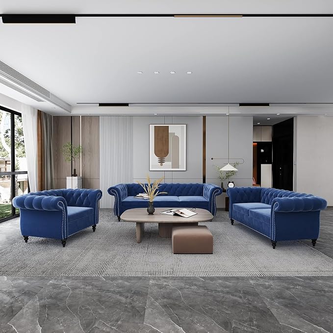 Chesterfield Loveseat Sofa, Modern Velvet Small Sofa Couch 2 Seater with Rolled Arms and Nailhead, Mid Century Modern Loveseat Couch for Small Spaces Living Room Bedroom Apartment, Blue