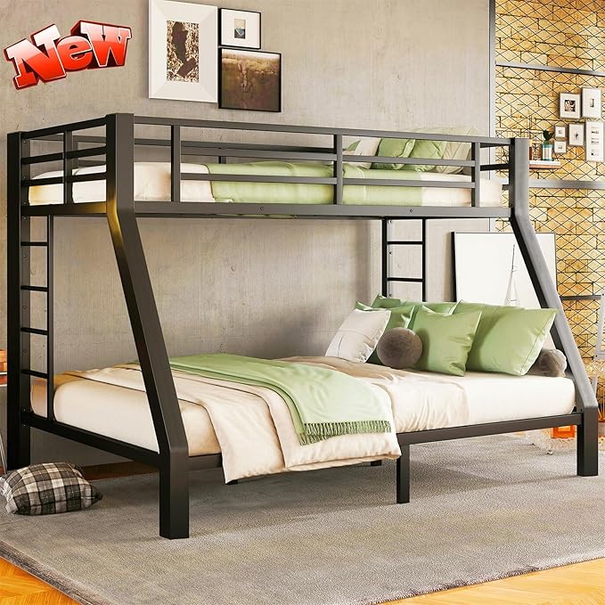 Latest Upgrade & Stronger Steel Twin XL Over Queen Bunk Bed, Heavy Duty Thickened More Rust-Proof Metal Bunk Queen Bed with Enhanced Legs & Slats (Easier Assembly)