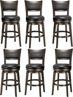 PrimeZone Swivel Bar Stools Set of 6, 24 Inch Counter Height Barstools, Black Faux Leather Bar Stool with High Backrest & Solid Wood Legs & Wrap-around Footrest, Counter Stools for Kitchen Island, Pub
