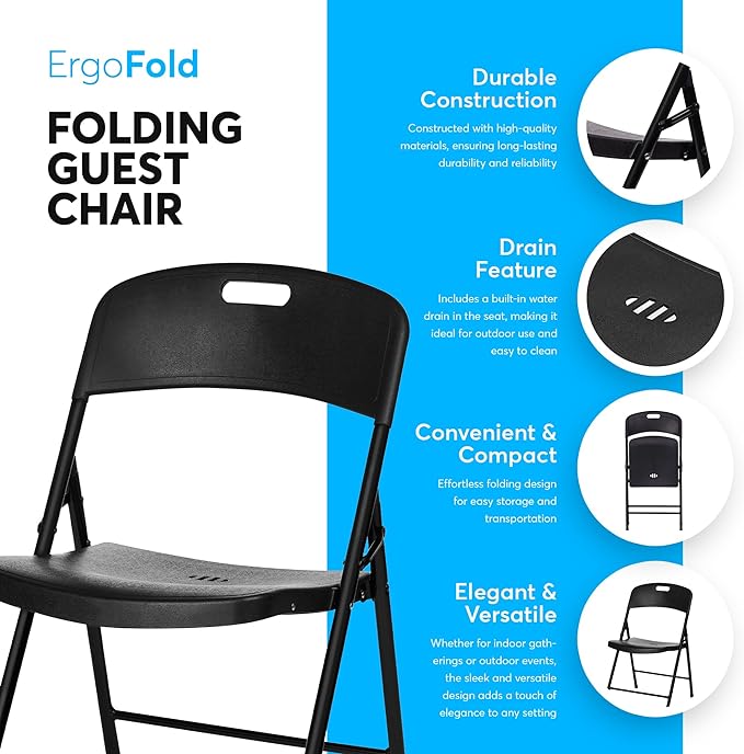 Oline Folding Chair, Indoor Outdoor Plastic Commercial Stackable Foldable Guest Chairs for Events Office Wedding Party Picnic Kitchen Dining, 350lb Capacity (Black, 2 Pack)