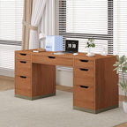 54 Inch Executive Desk with Drawers, Computer Desk with 7 Drawers for Bedroom, Office Desk with File Cabinet for Work Study Writing, Small Spaces, Brown