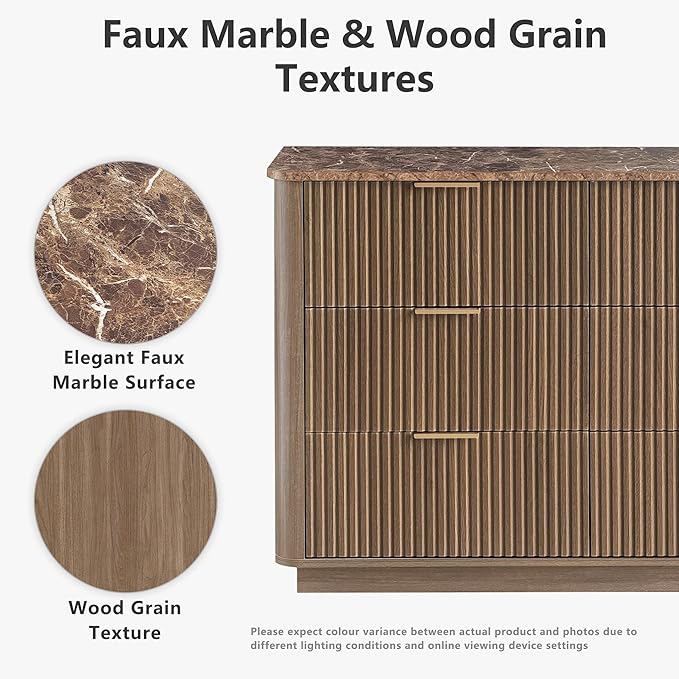 win2win 9 Drawer Dresser, Mid Century Modern Dresser with Storage, 55" Wide Fluted Chest of Drawers with Faux Marble Top, Dressers TV Stand, Drawers Organizer for Bedroom, Living Room, Hallway Walnut