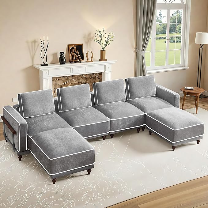 146" 4 Seater Cloud Couch with 2 Ottoman,Modular Sectional U Shaped Sofa with Armrests Wooden Legs,Oversized Deep Seat Comfy Thicked Cushion Upholstered Sofa for Living Room Bedroom,Light Grey