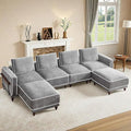 146" 4 Seater Cloud Couch with 2 Ottoman,Modular Sectional U Shaped Sofa with Armrests Wooden Legs,Oversized Deep Seat Comfy Thicked Cushion Upholstered Sofa for Living Room Bedroom,Light Grey