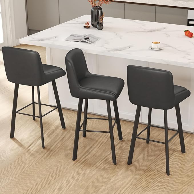 Swivel Bar Stools, 30''H Upholstered Barstools with Backs, Modern Counter Height Bar Stool Chairs for Kitchen Island, Metal Legs (Black- Faux Leather, Set of 3-30" H)